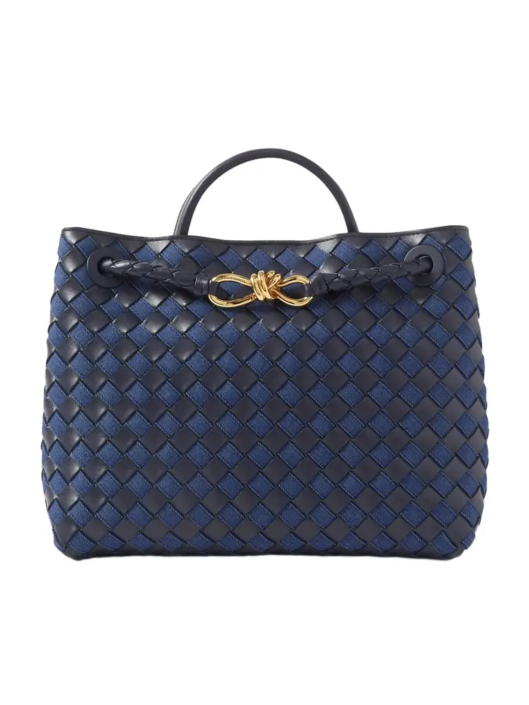Bottega Veneta Andiamo Medium Embellished Intrecciato Leather And Denim Tote | Thumbnail 1 Bottega Veneta Andiamo Medium Embellished Intrecciato Leather And Denim Tote | Thumbnail 1