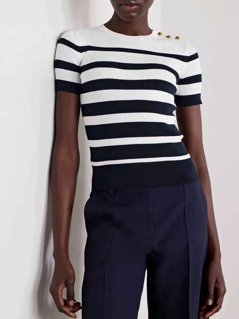 Valentino Garavani Embellished Striped Ribbed Cotton Sweater | Thumbnail 3 Valentino Garavani Embellished Striped Ribbed Cotton Sweater | Thumbnail 3