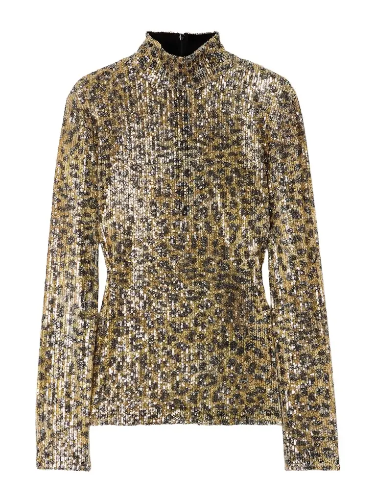 Romy Sequin-embellished Leopard-print Mesh Turleneck Top