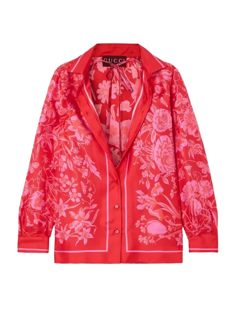 Floral-print Silk-twill Shirt And Bra Set
