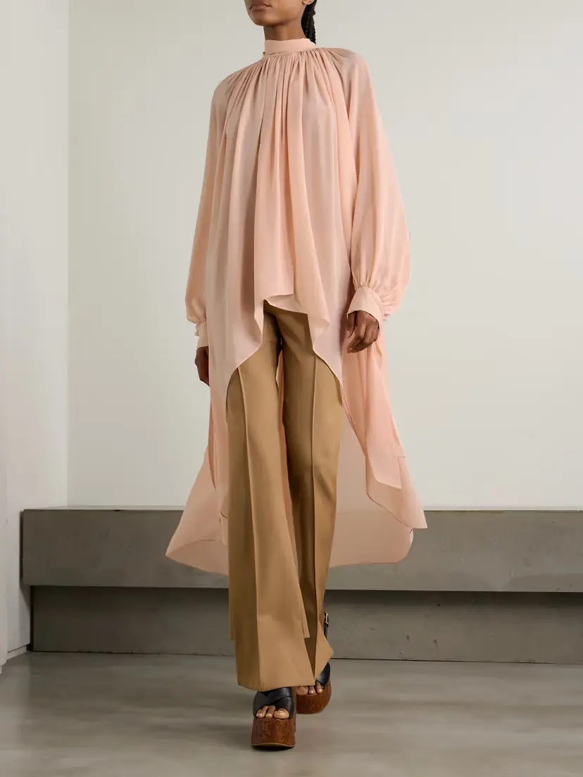 Chloé Wrap-effect Asymmetric Gathered Silk-georgette Turtleneck Midi Dress | Thumbnail 2 Chloé Wrap-effect Asymmetric Gathered Silk-georgette Turtleneck Midi Dress | Thumbnail 2
