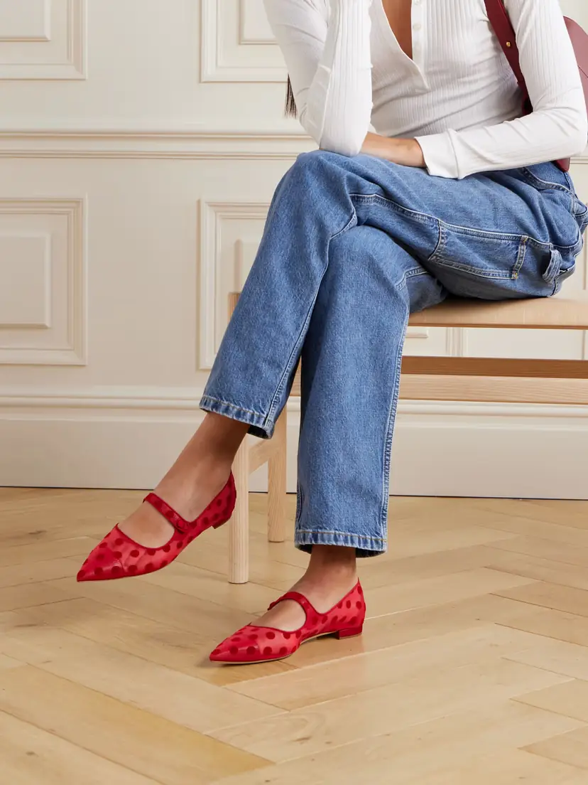 Manolo Blahnik Campari Grosgrain-trimmed Flocked Mesh Ballet Flats | Thumbnail 2