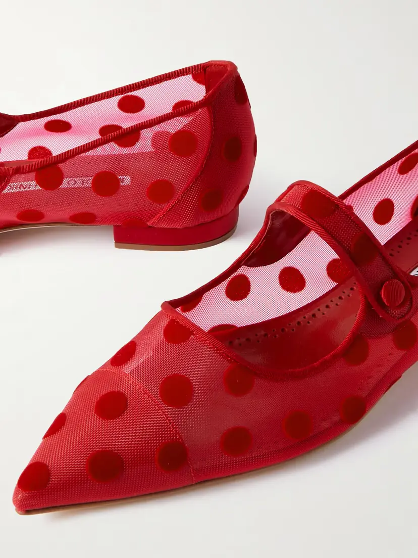 Manolo Blahnik Campari Grosgrain-trimmed Flocked Mesh Ballet Flats | Thumbnail 4