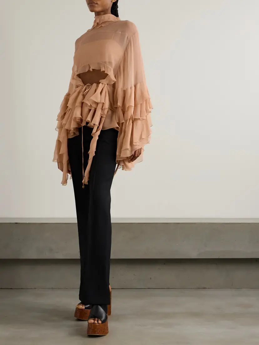 Chloé Cutout Ruffled Silk-crepon Turtleneck Blouse | Thumbnail 2 Chloé Cutout Ruffled Silk-crepon Turtleneck Blouse | Thumbnail 2