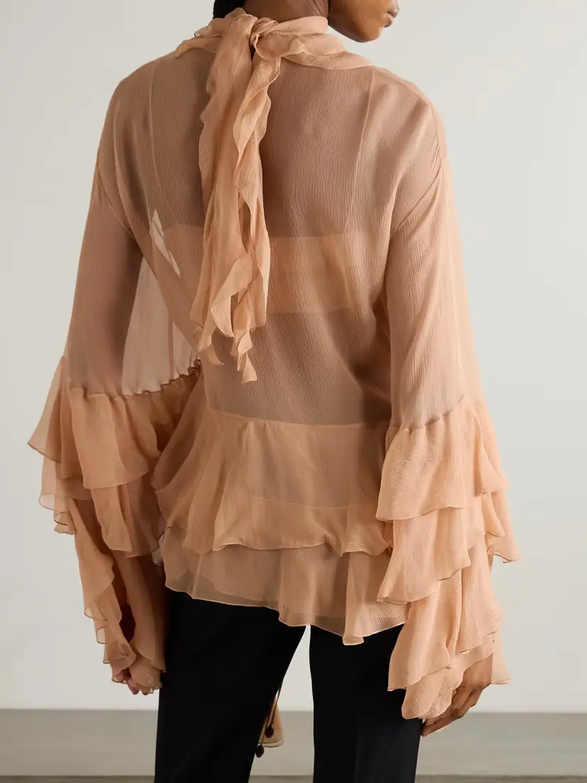 Chloé Cutout Ruffled Silk-crepon Turtleneck Blouse | Thumbnail 3 Chloé Cutout Ruffled Silk-crepon Turtleneck Blouse | Thumbnail 3