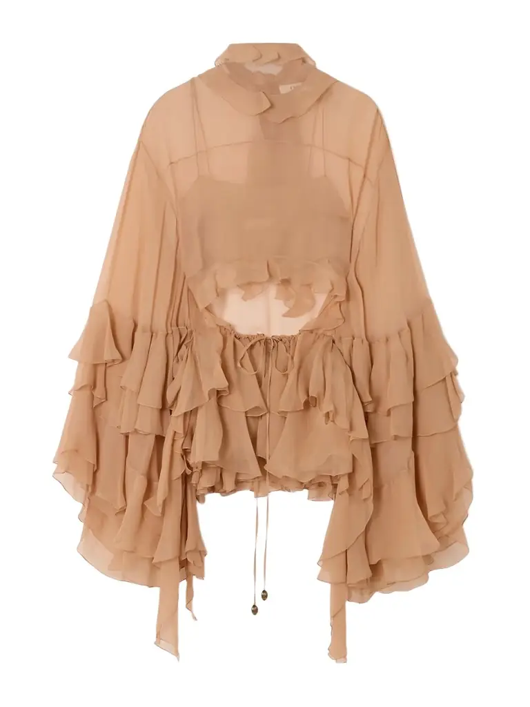 Cutout Ruffled Silk-crepon Turtleneck Blouse
