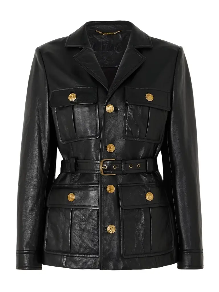 Belted Glossed Textured-leather Jacket - FR 34