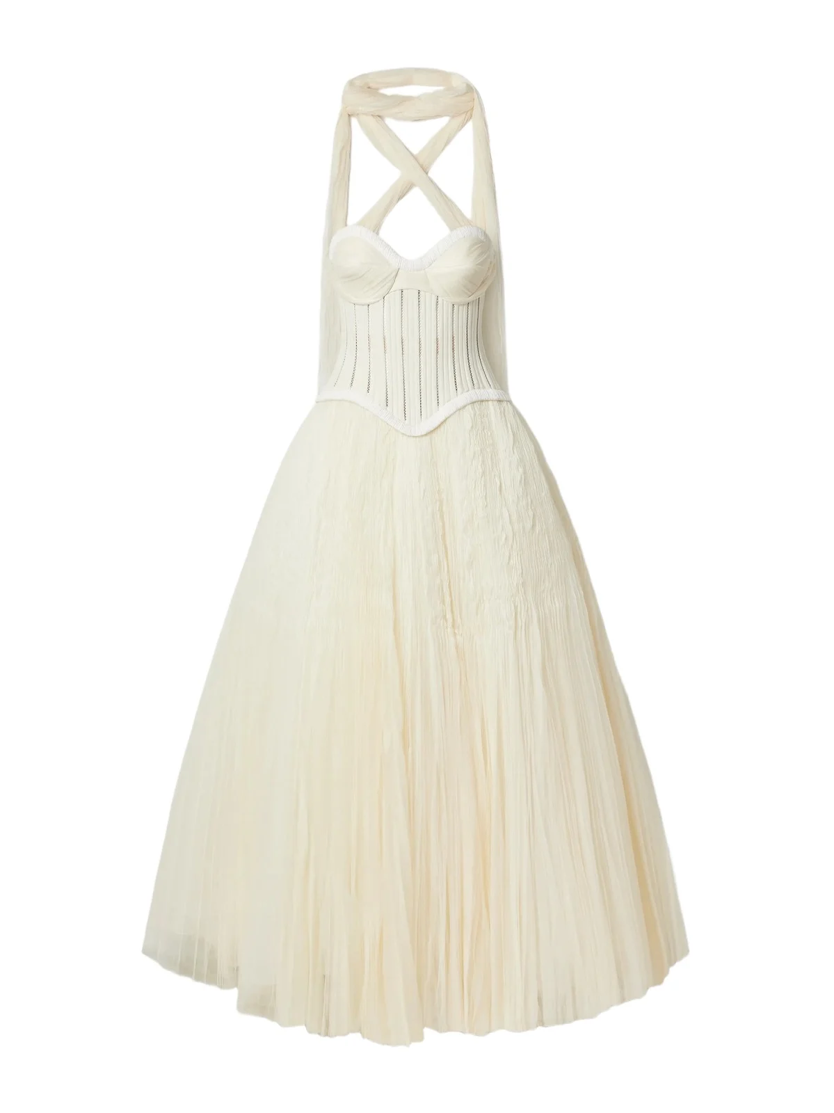 Danielle Frankel Anika Strapless Plissé Satin-trimmed Twill And Tulle Gown - Neutrals