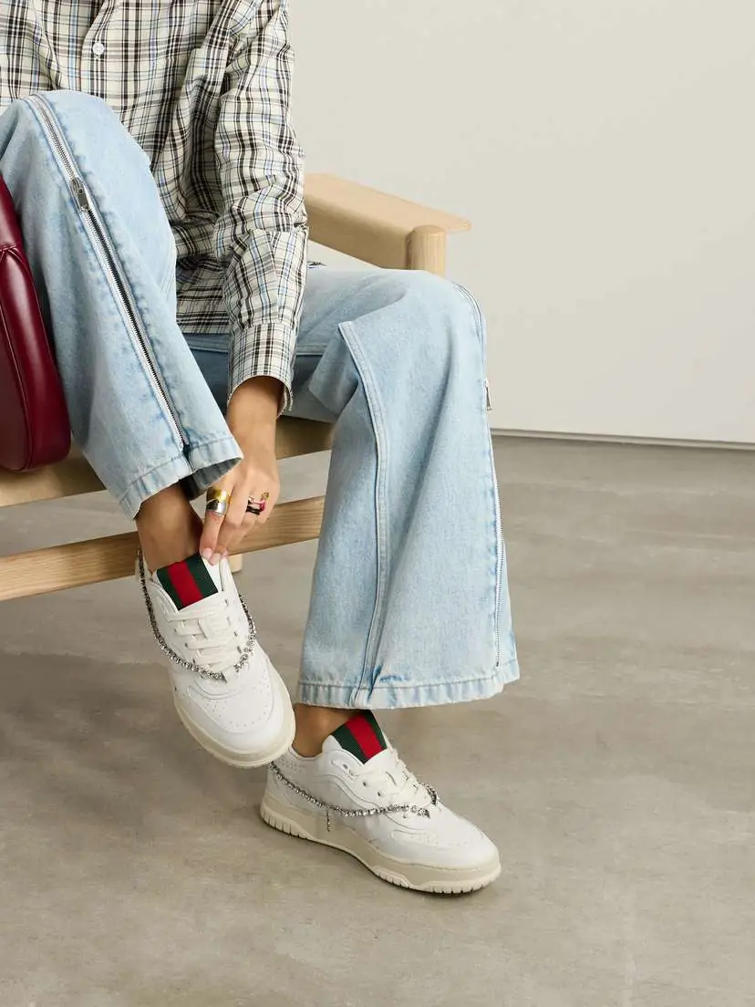 Gucci Re-web Grosgrain-trimmed Crystal-embellished Leather Sneakers | Thumbnail 2 Gucci Re-web Grosgrain-trimmed Crystal-embellished Leather Sneakers | Thumbnail 2