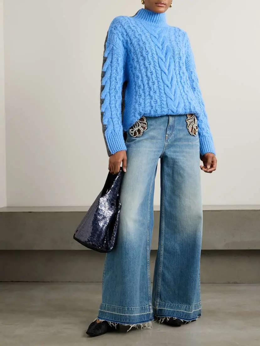 Stella McCartney Cutout Crystal-embellished Frayed Mid-rise Wide-leg Organic Jeans | Thumbnail 2 Stella McCartney Cutout Crystal-embellished Frayed Mid-rise Wide-leg Organic Jeans | Thumbnail 2
