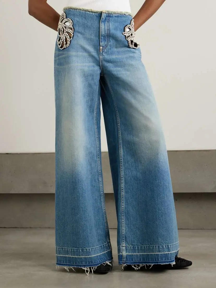 Stella McCartney Cutout Crystal-embellished Frayed Mid-rise Wide-leg Organic Jeans | Thumbnail 3 Stella McCartney Cutout Crystal-embellished Frayed Mid-rise Wide-leg Organic Jeans | Thumbnail 3