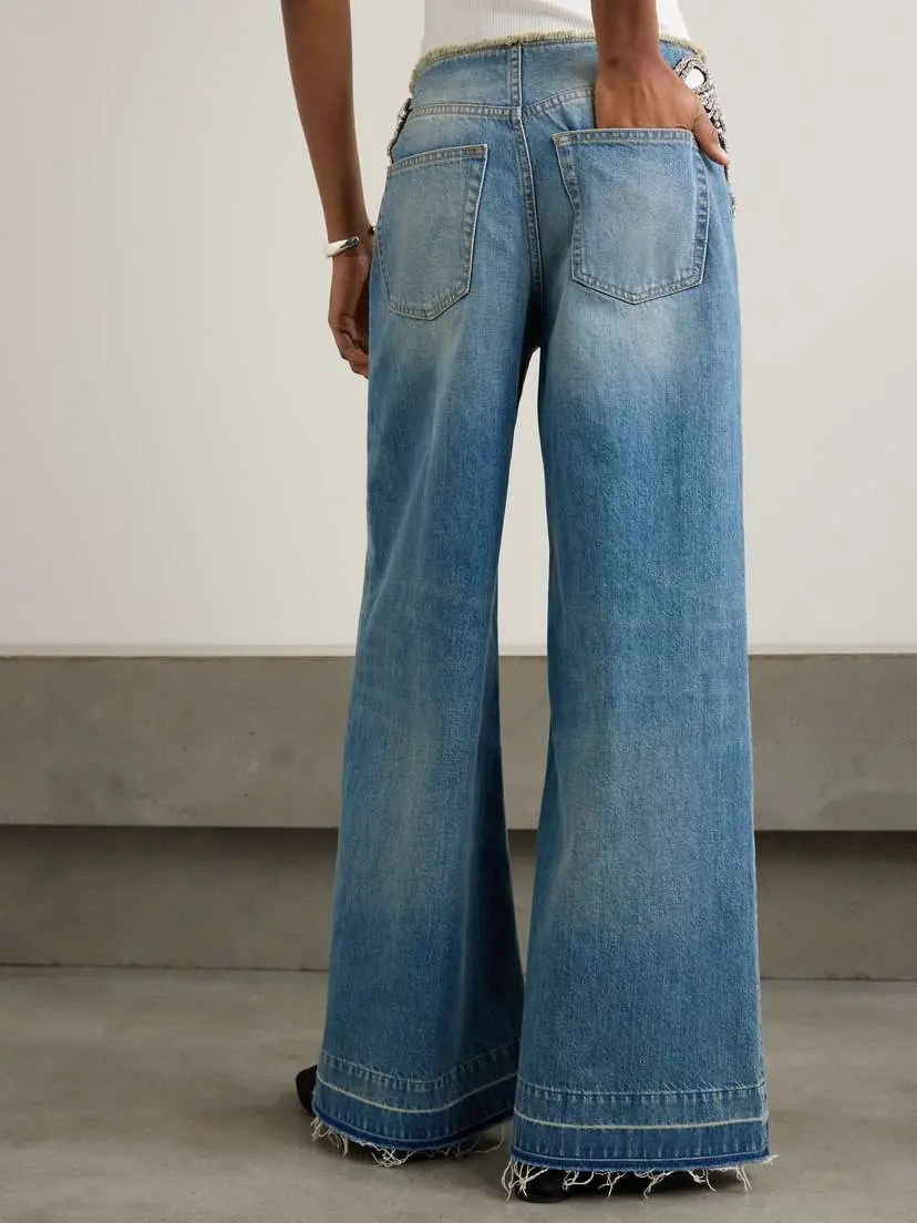 Stella McCartney Cutout Crystal-embellished Frayed Mid-rise Wide-leg Organic Jeans | Thumbnail 4 Stella McCartney Cutout Crystal-embellished Frayed Mid-rise Wide-leg Organic Jeans | Thumbnail 4
