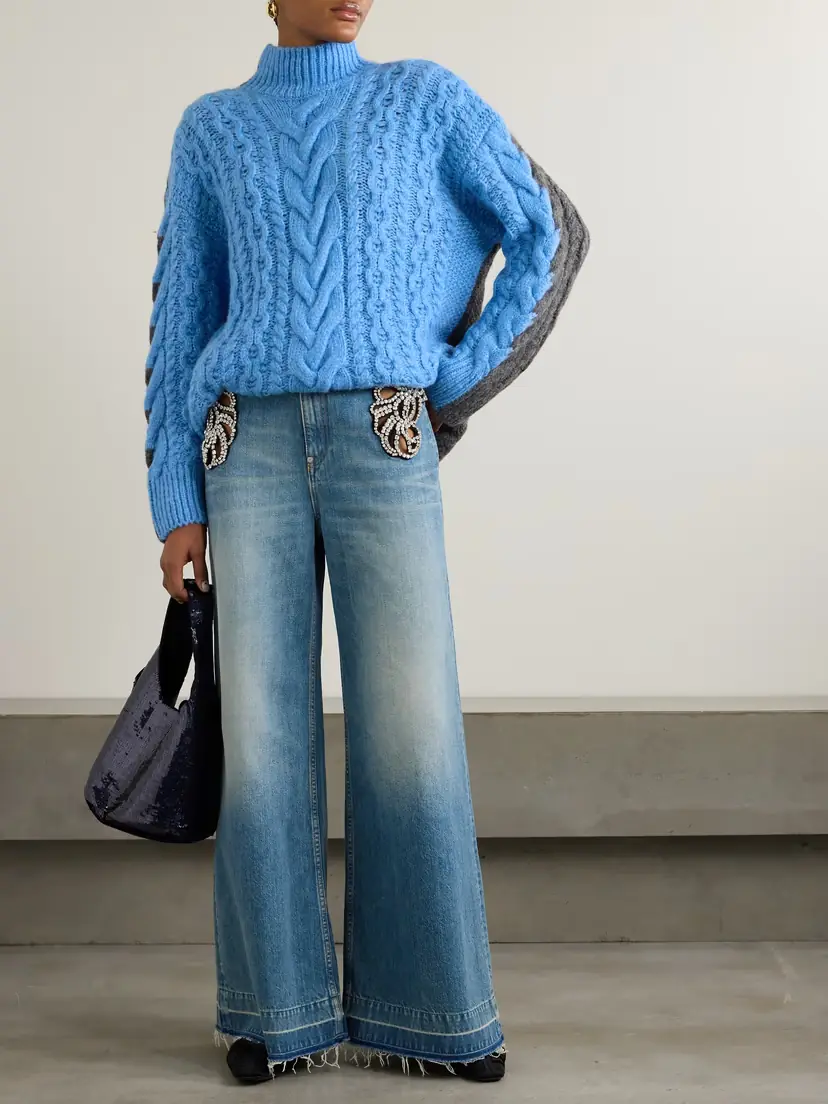 Stella McCartney Oversized Two-tone Cable-knit Alpaca-blend Turtleneck Sweater | Thumbnail 2 Stella McCartney Oversized Two-tone Cable-knit Alpaca-blend Turtleneck Sweater | Thumbnail 2