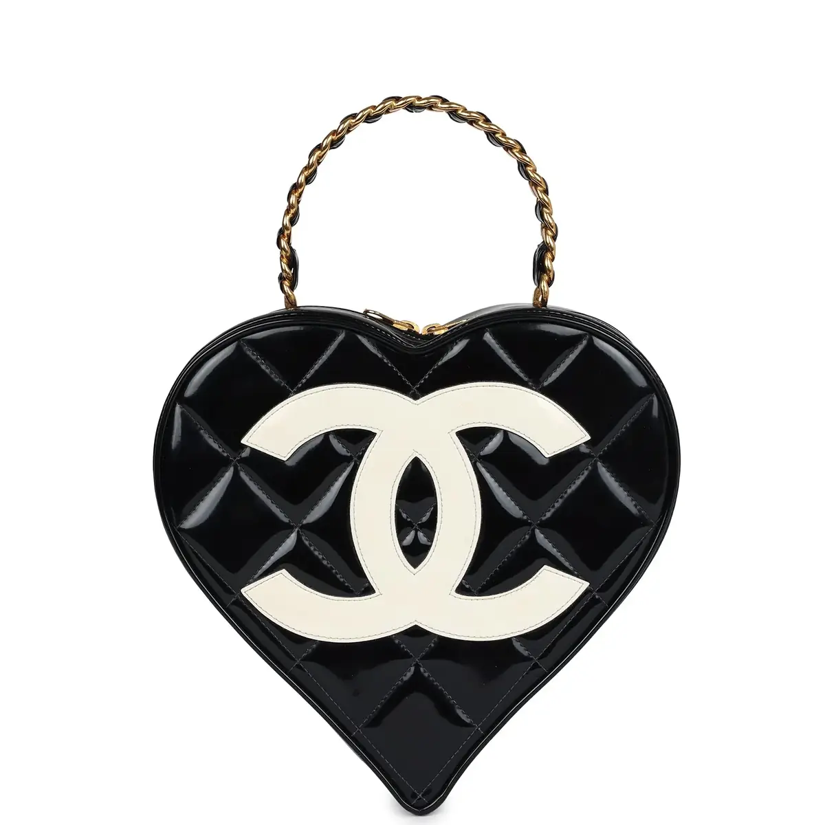 Chanel Vintage Chanel Heart Vanity Bag Black and White Patent Antique Gold Hardware | Image 1 Chanel Vintage Chanel Heart Vanity Bag Black and White Patent Antique Gold Hardware | Image 1