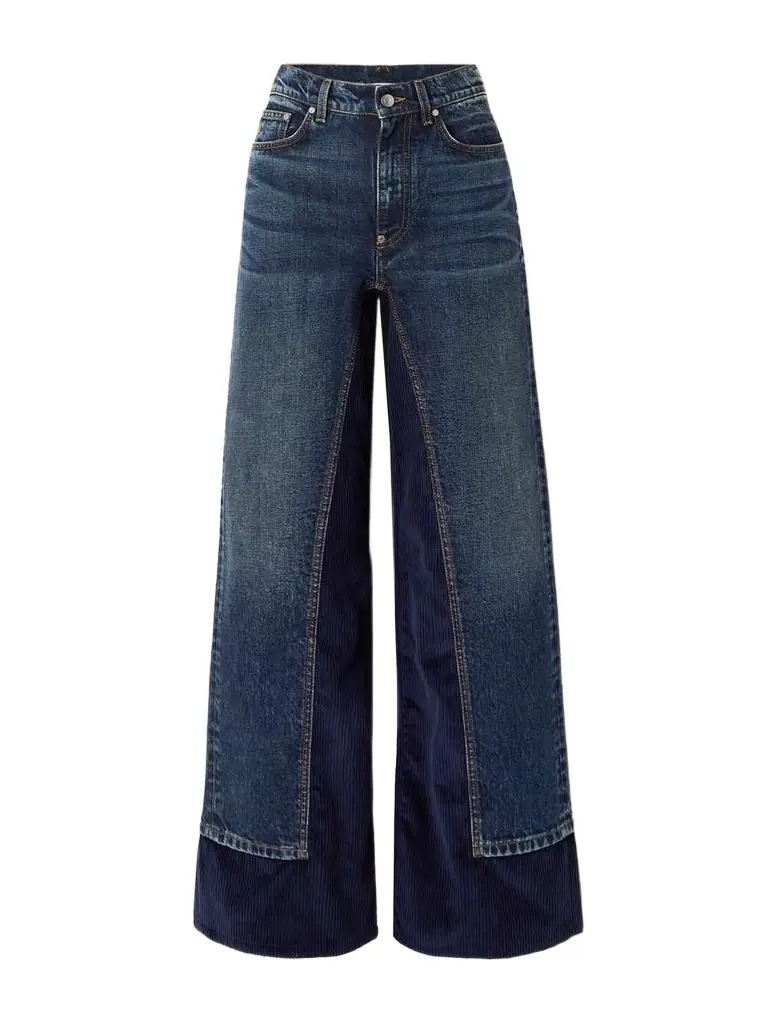 Corduroy Trimmed High-rise Wide-leg Jeans
