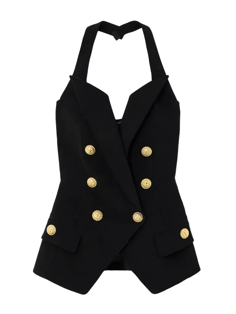 Halterneck Button-embellished Crepe Top