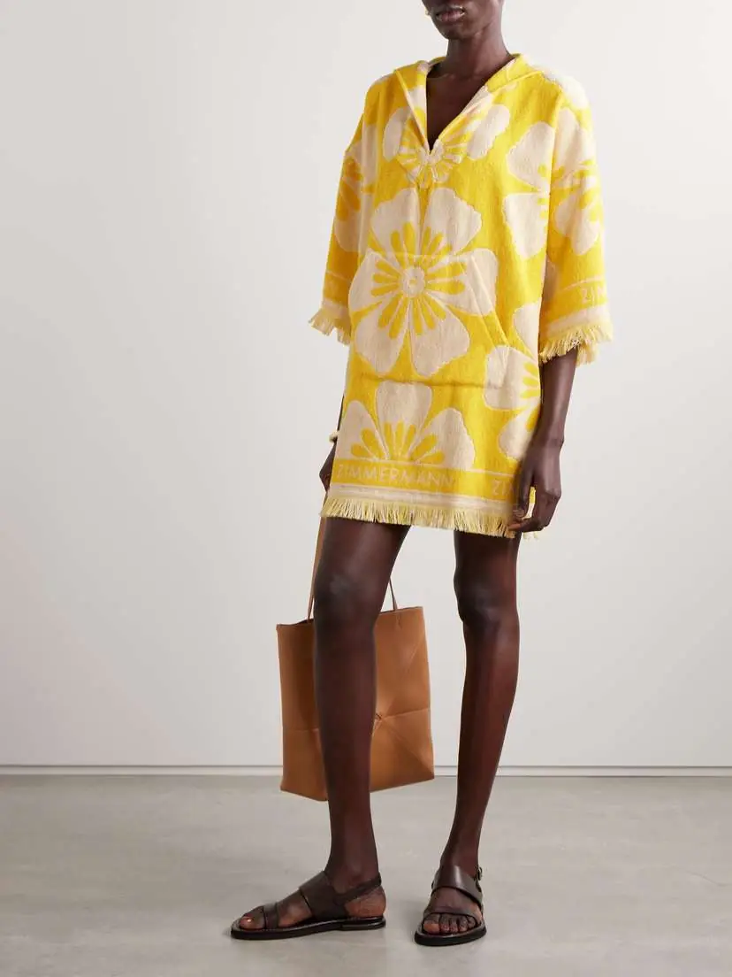Zimmermann Golden Hooded Frayed Cotton-terry Floral-jacquard Mini Dress | Thumbnail 2 Zimmermann Golden Hooded Frayed Cotton-terry Floral-jacquard Mini Dress | Thumbnail 2