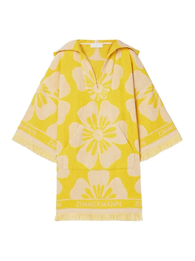 Golden Hooded Frayed Cotton-terry Floral-jacquard Mini Dress