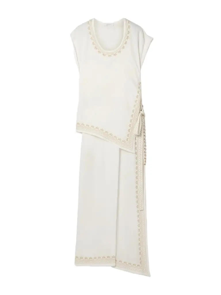 Embroidered Layered Twill Midi Dress