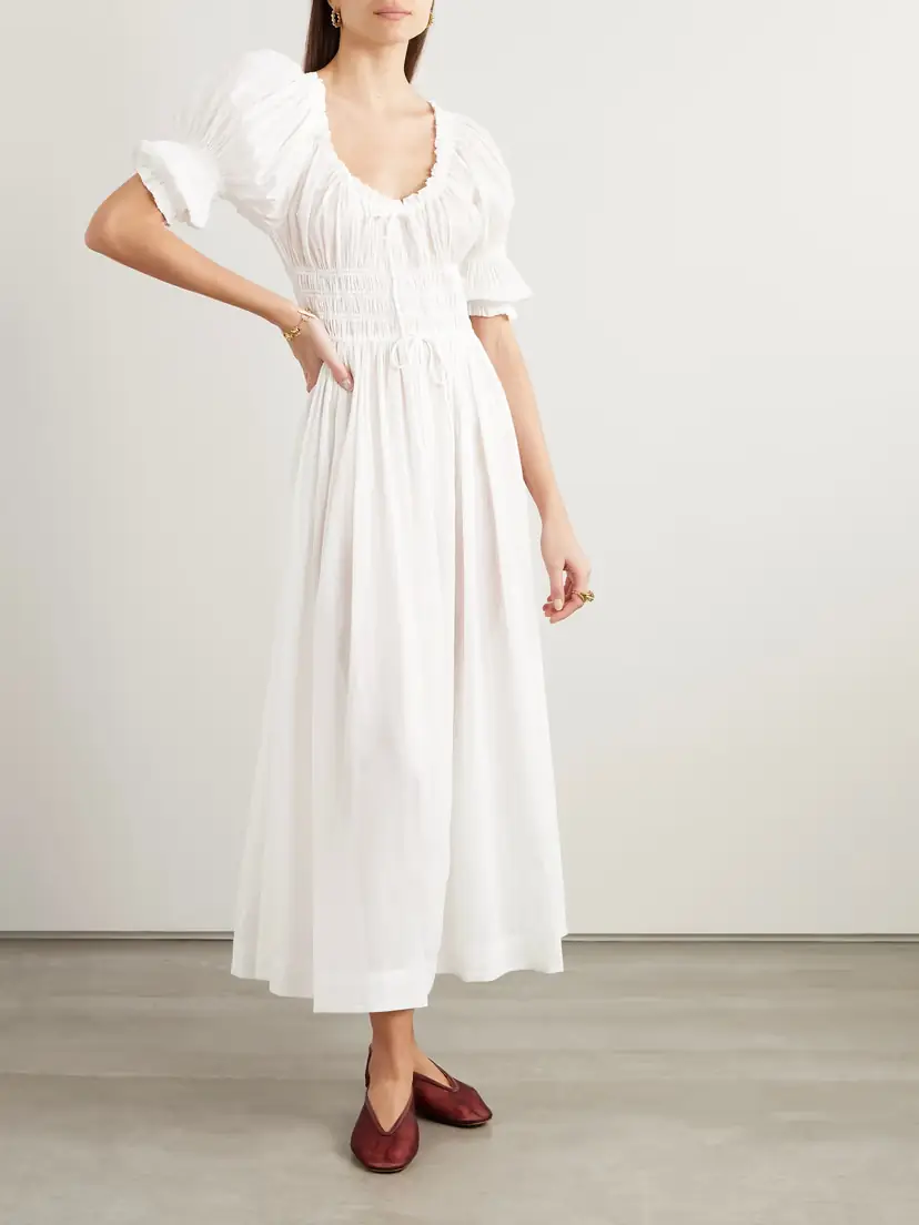 DÔEN Ischia Shirred Organic Cotton-blend Voile Midi Dress | Thumbnail 3 DÔEN Ischia Shirred Organic Cotton-blend Voile Midi Dress | Thumbnail 3