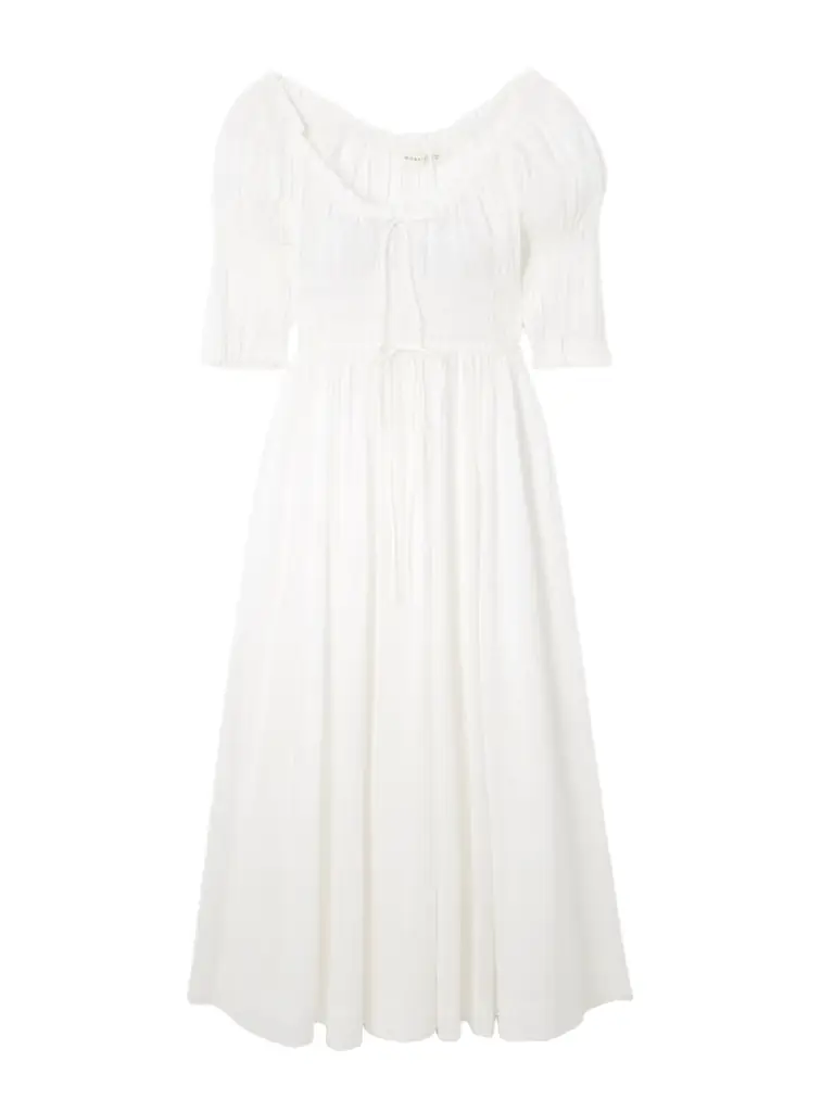 Ischia Shirred Organic Cotton-blend Voile Midi Dress