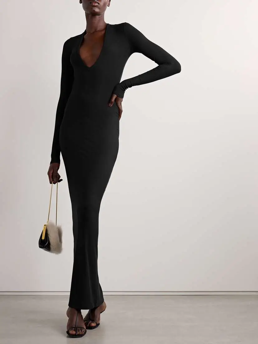 Skims Soft Lounge Long Deep Plunge Dress - Onyx | Thumbnail 2