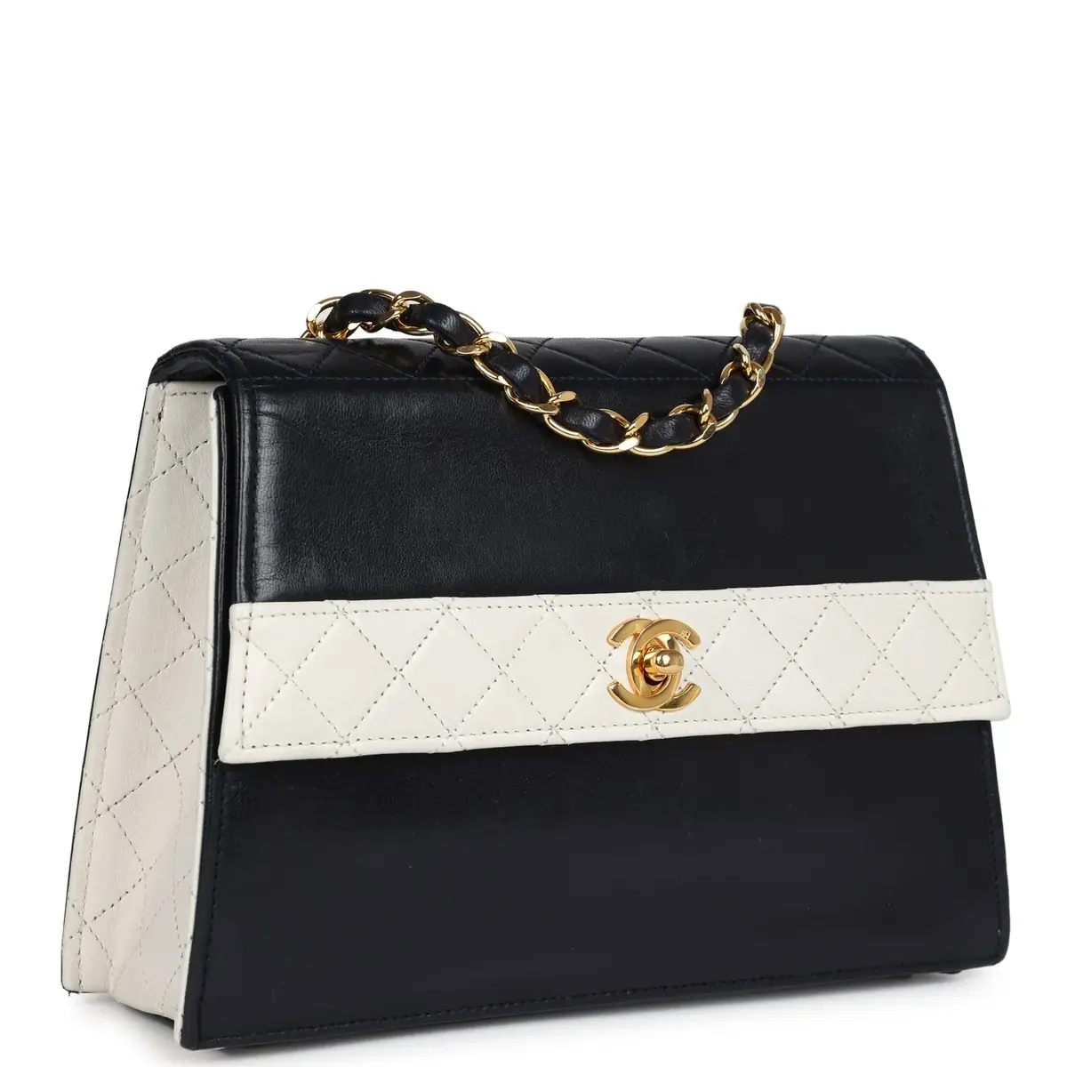 Chanel Vintage Chanel Trapezoid Flap Bag Navy and White Lambskin Gold Hardware | Thumbnail 2 Chanel Vintage Chanel Trapezoid Flap Bag Navy and White Lambskin Gold Hardware | Thumbnail 2