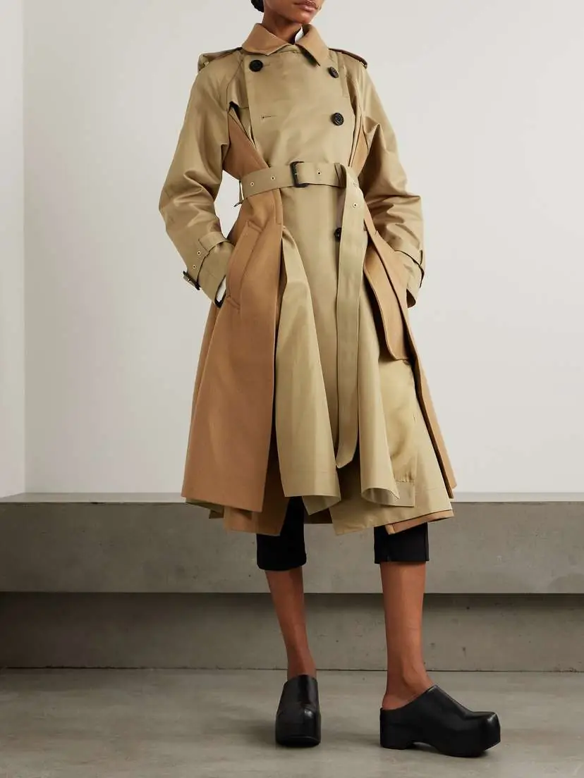Sacai Belted Paneled Cotton-blend Gabardine And Wool-felt Trench Coat | Thumbnail 3 Sacai Belted Paneled Cotton-blend Gabardine And Wool-felt Trench Coat | Thumbnail 3