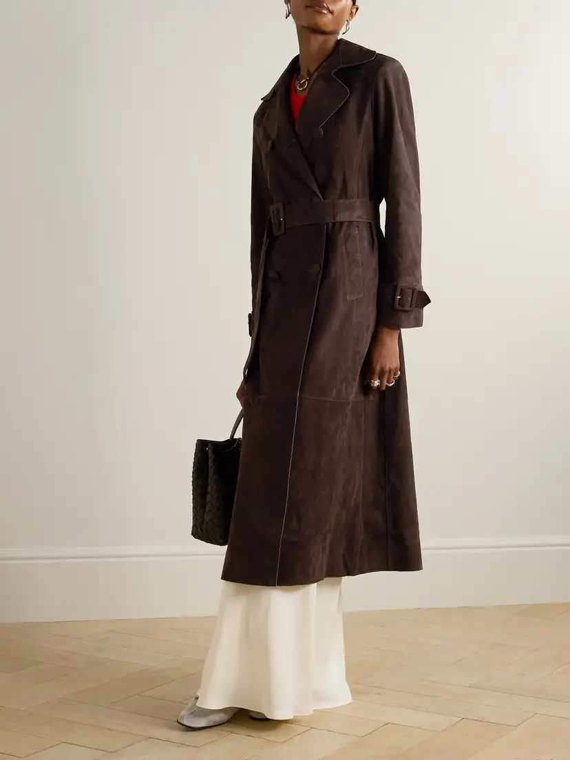 Nour Hammour Tate Belted Paneled Double-breasted Suede Trench Coat | Thumbnail 2 Nour Hammour Tate Belted Paneled Double-breasted Suede Trench Coat | Thumbnail 2