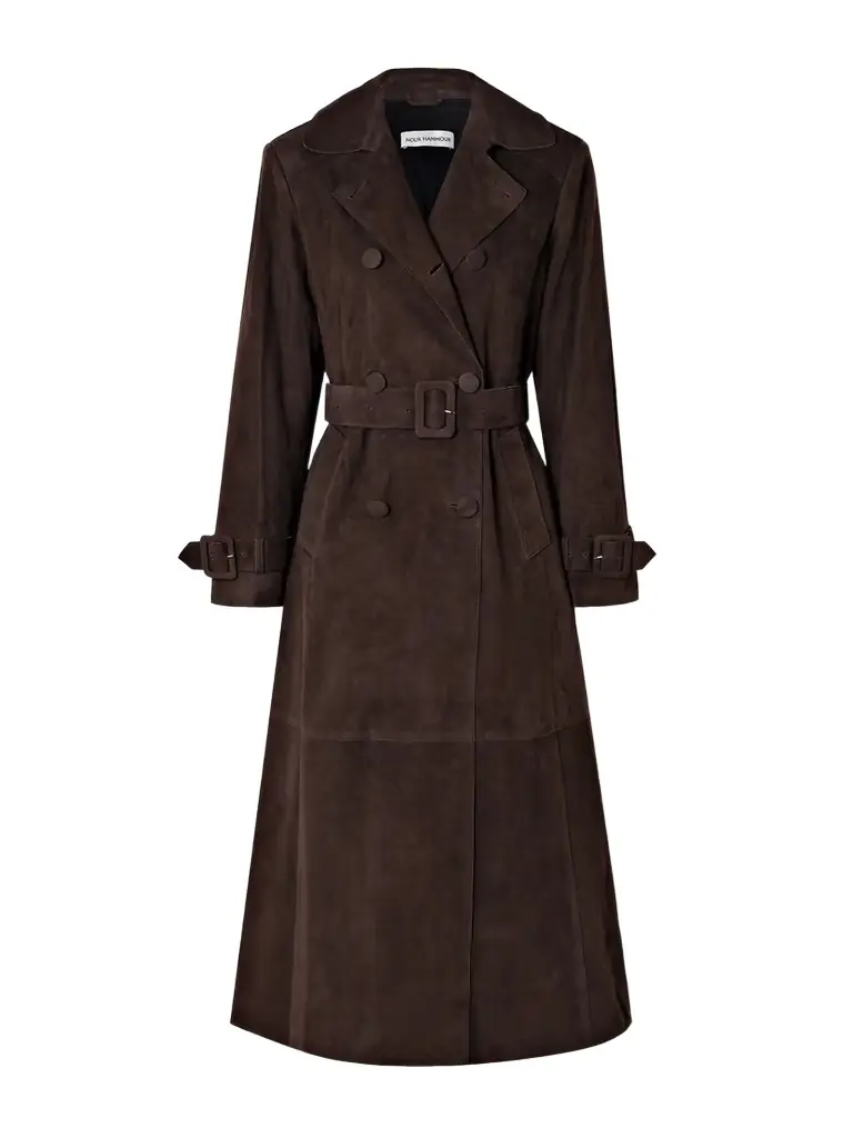 Tate Belted Paneled Double-breasted Suede Trench Coat
