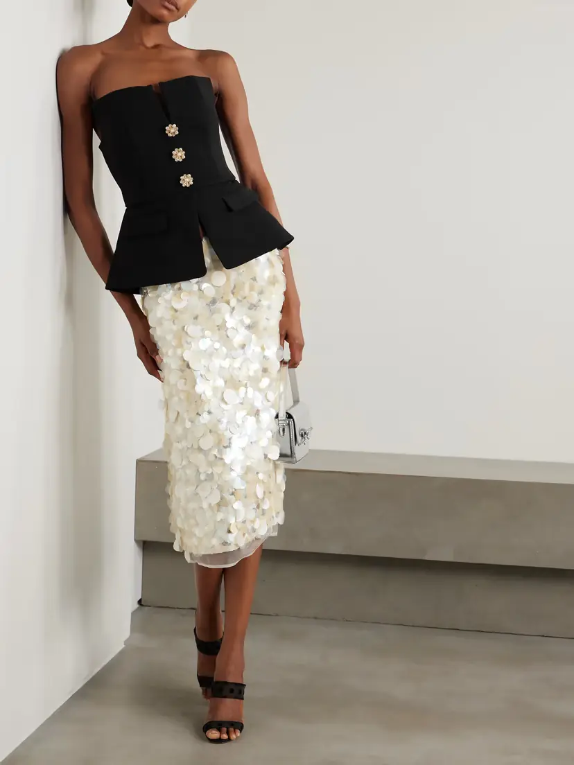 Self-Portrait Strapless Embellished Crepe Peplum Bustier Top | Thumbnail 2