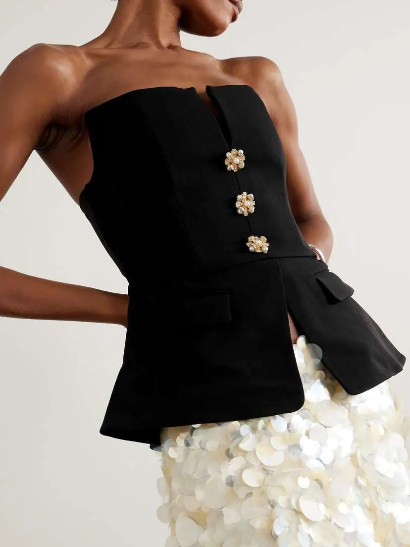 Self-Portrait Strapless Embellished Crepe Peplum Bustier Top | Thumbnail 3