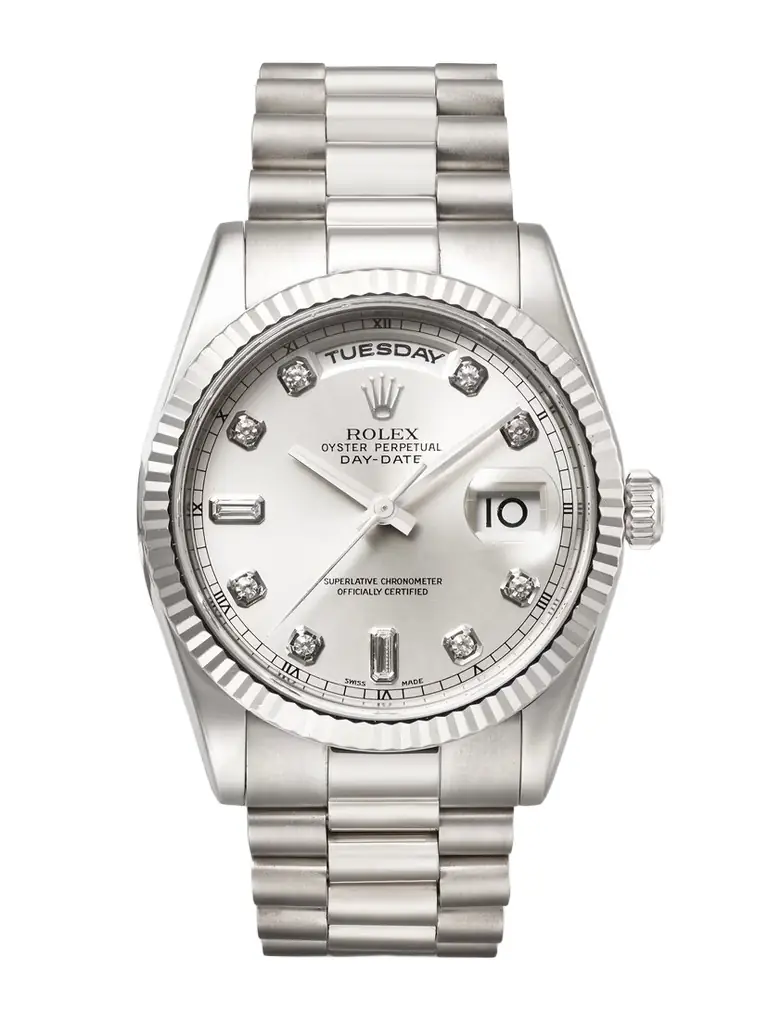 Stephanie Windsor + Rolex Vintage 2002 Oyster Perpetual Day-date Automatic 36mm 18-karat White Gold And Diamond Watch, Ref. No., 118209 | Thumbnail 1 Stephanie Windsor + Rolex Vintage 2002 Oyster Perpetual Day-date Automatic 36mm 18-karat White Gold And Diamond Watch, Ref. No., 118209 | Thumbnail 1