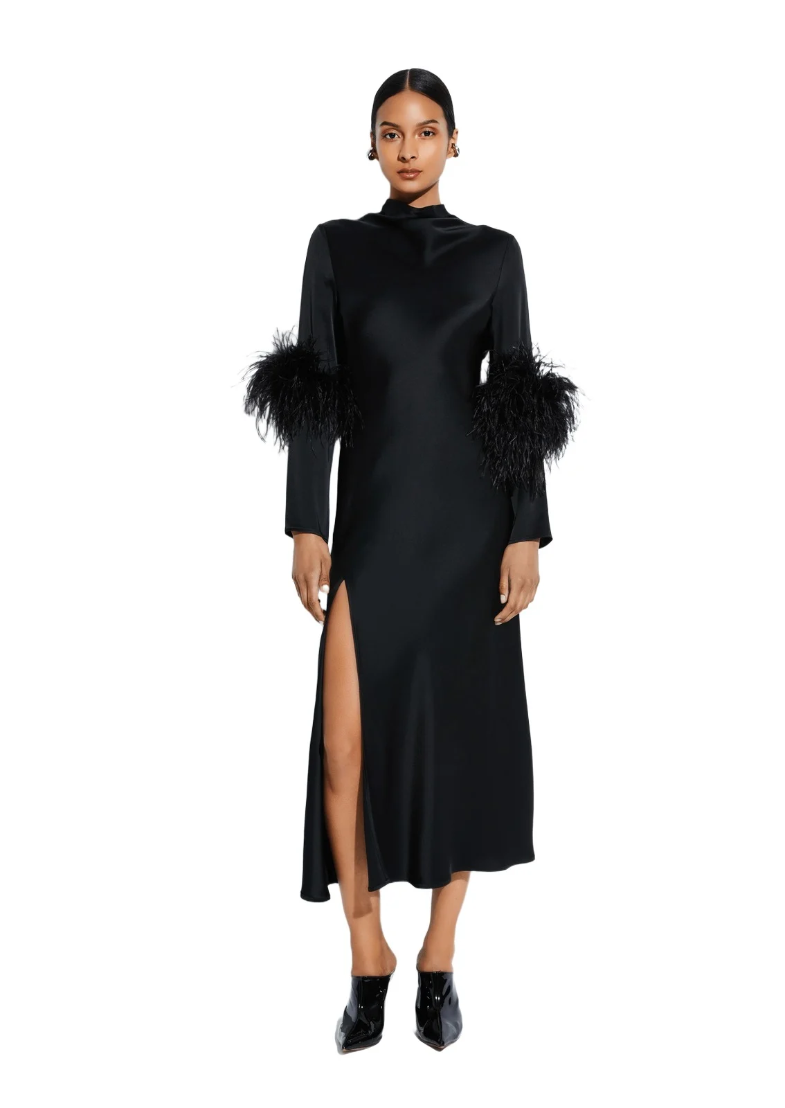 Satin Draped Neck Bias Dress With Feathers Satin Draped Neck Bias Dress With Feathers