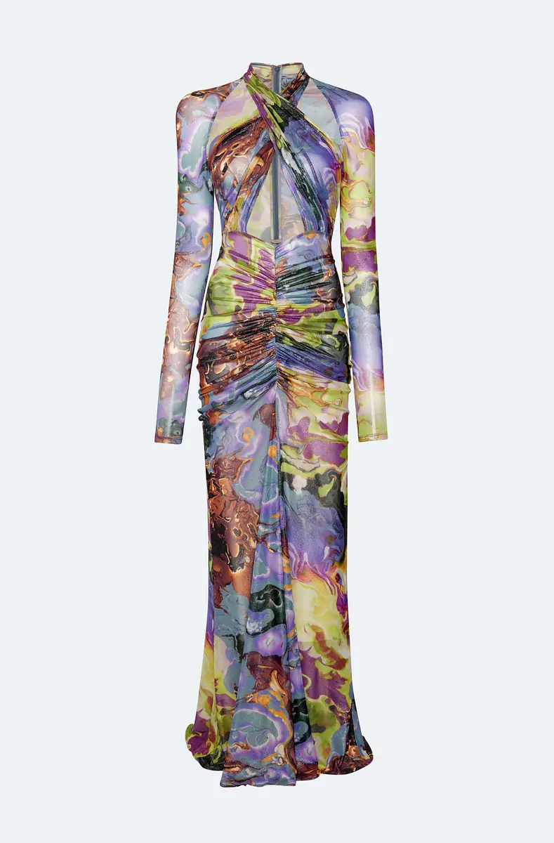 Lapointe Printed Mesh Halter Ruched Gown | Thumbnail 3