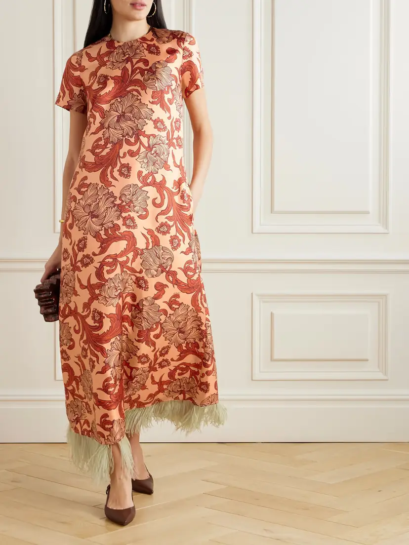 La DoubleJ Swing Feather-trimmed Printed Silk-twill Maxi Dress | Thumbnail 2 La DoubleJ Swing Feather-trimmed Printed Silk-twill Maxi Dress | Thumbnail 2
