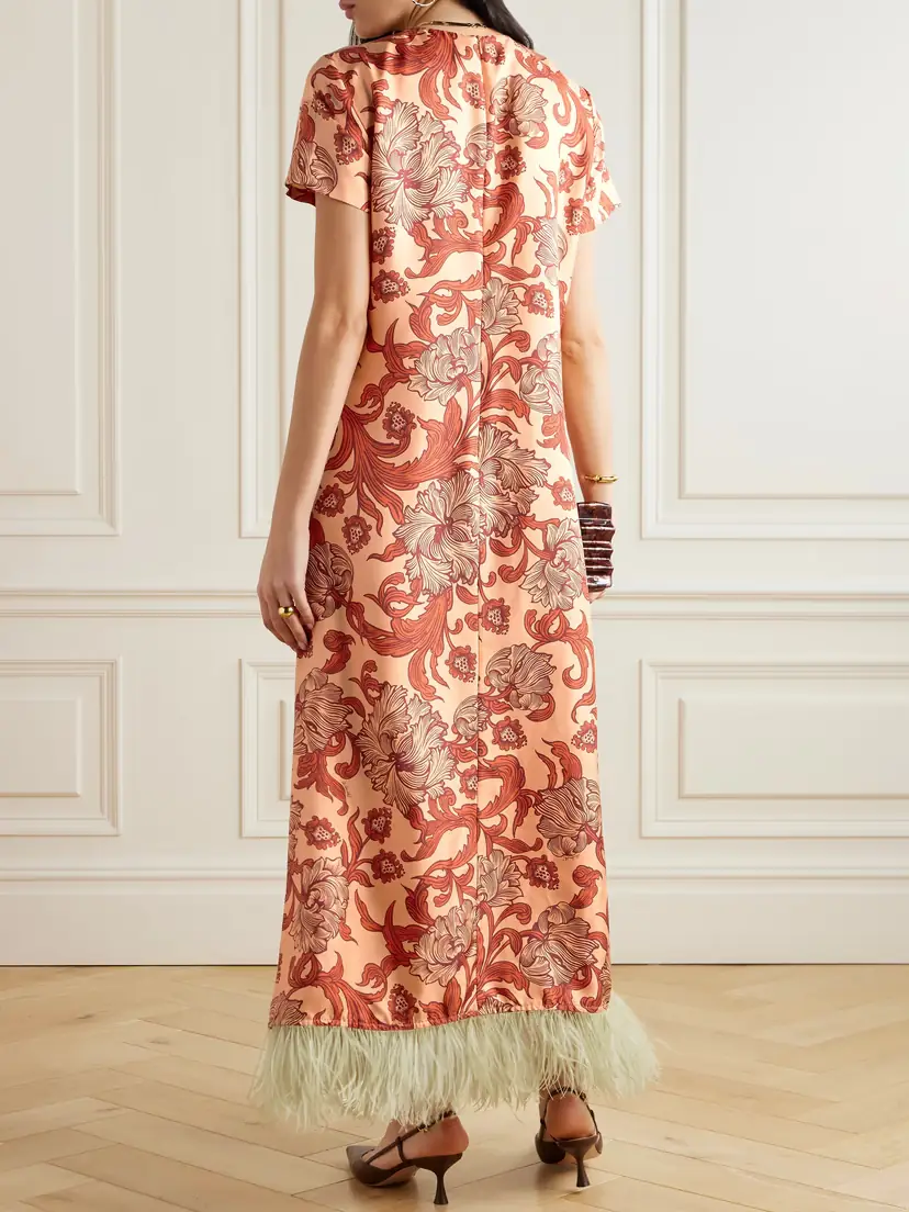 La DoubleJ Swing Feather-trimmed Printed Silk-twill Maxi Dress | Thumbnail 3 La DoubleJ Swing Feather-trimmed Printed Silk-twill Maxi Dress | Thumbnail 3