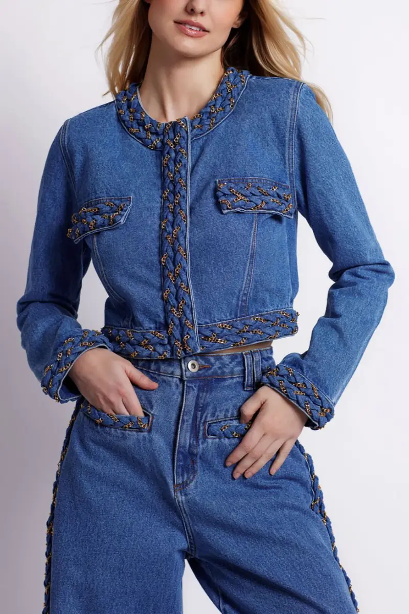 PatBo PREORDER: Braided Denim Cropped Jacket | Thumbnail 3