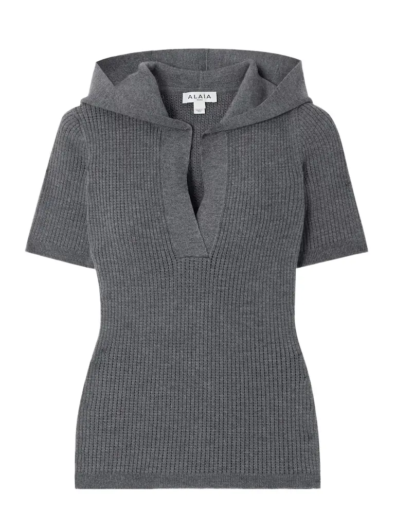 Ribbed Hooded Wool-blend Polo Top