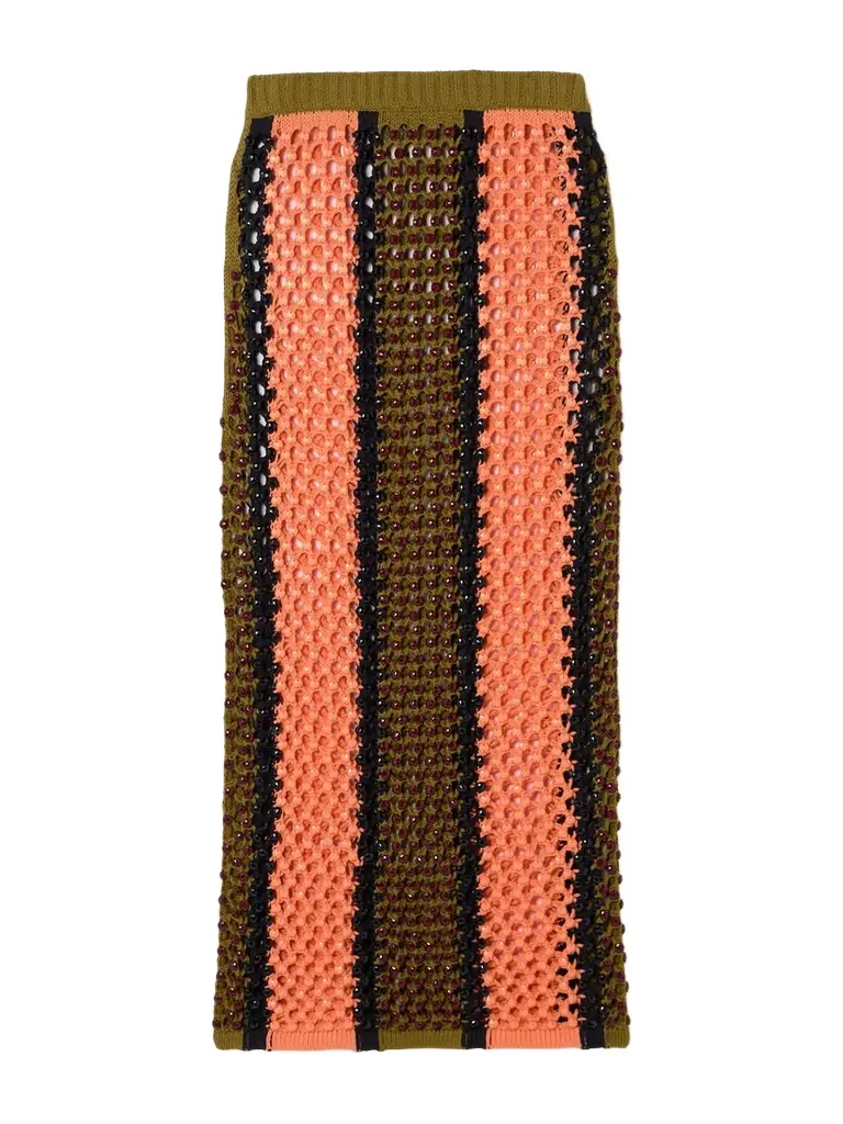 Spice Beaded Striped Knitted Cotton-blend Maxi Skirt