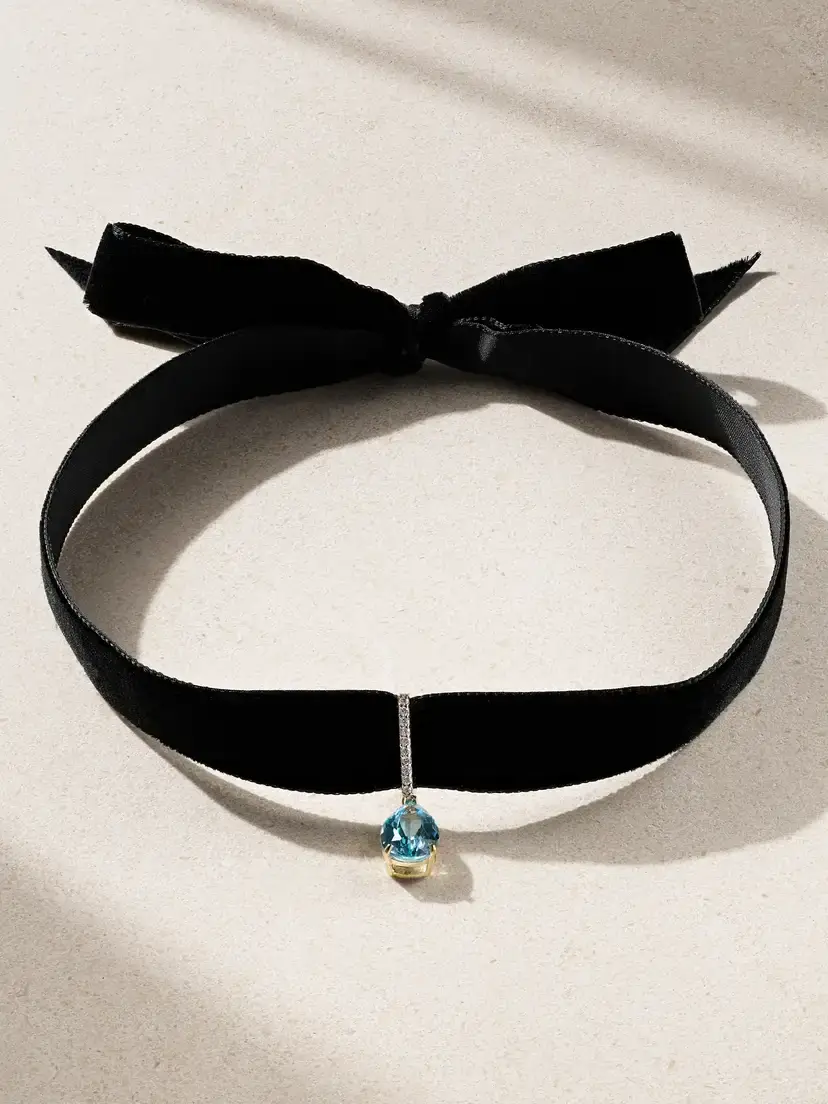 Mateo 14-karat Gold, Velvet, Topaz And Diamond Choker | Image 1 Mateo 14-karat Gold, Velvet, Topaz And Diamond Choker | Image 1