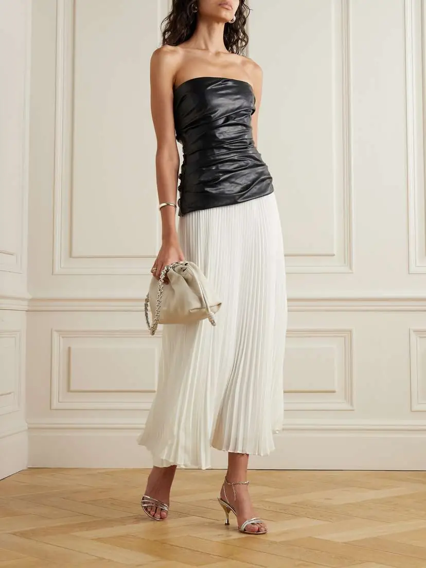 Simkhai Arie Ruched Strapless Faux Leather And Pleated Crepe De Chine Midi Dress | Thumbnail 2 Simkhai Arie Ruched Strapless Faux Leather And Pleated Crepe De Chine Midi Dress | Thumbnail 2