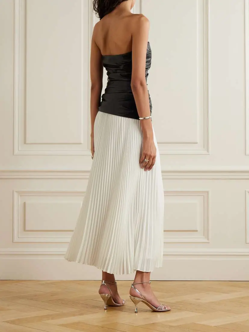 Simkhai Arie Ruched Strapless Faux Leather And Pleated Crepe De Chine Midi Dress | Thumbnail 3 Simkhai Arie Ruched Strapless Faux Leather And Pleated Crepe De Chine Midi Dress | Thumbnail 3