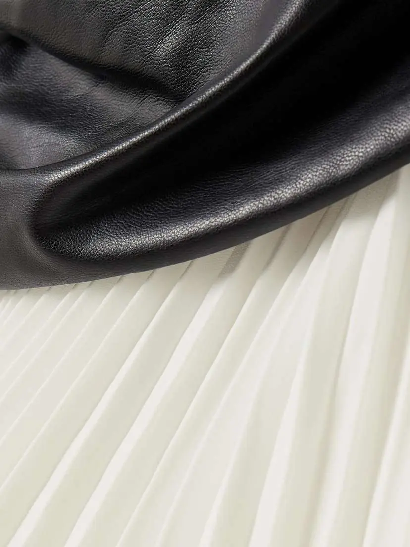 Simkhai Arie Ruched Strapless Faux Leather And Pleated Crepe De Chine Midi Dress | Thumbnail 4 Simkhai Arie Ruched Strapless Faux Leather And Pleated Crepe De Chine Midi Dress | Thumbnail 4