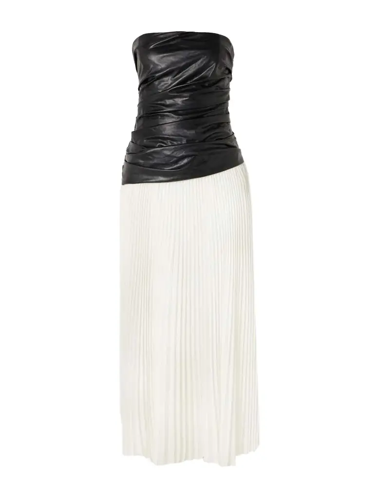 Arie Ruched Strapless Faux Leather And Pleated Crepe De Chine Midi Dress