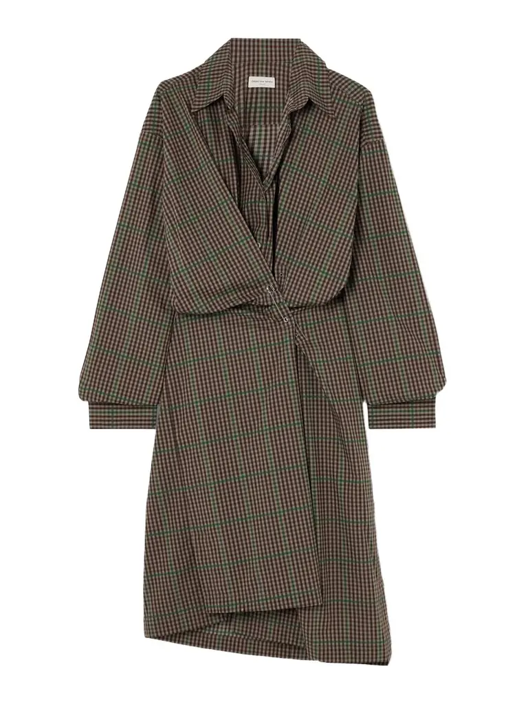 Asymmetric Gathered Checked Cotton Shirt Dress