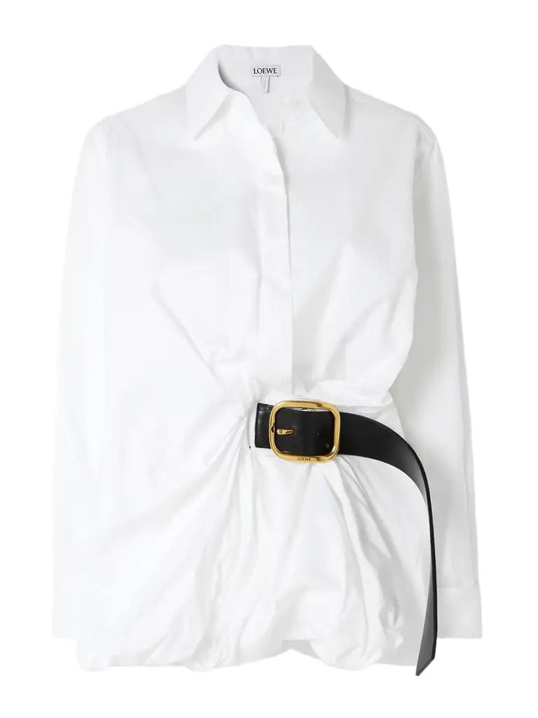 Belted Leather-trimmed Gathered Ribbed Cotton Shirt