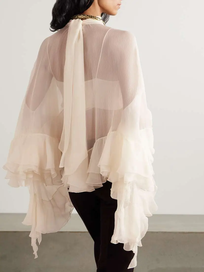 Chloé Ruffled Tiered Silk-mousseline Turtleneck Blouse | Thumbnail 3 Chloé Ruffled Tiered Silk-mousseline Turtleneck Blouse | Thumbnail 3