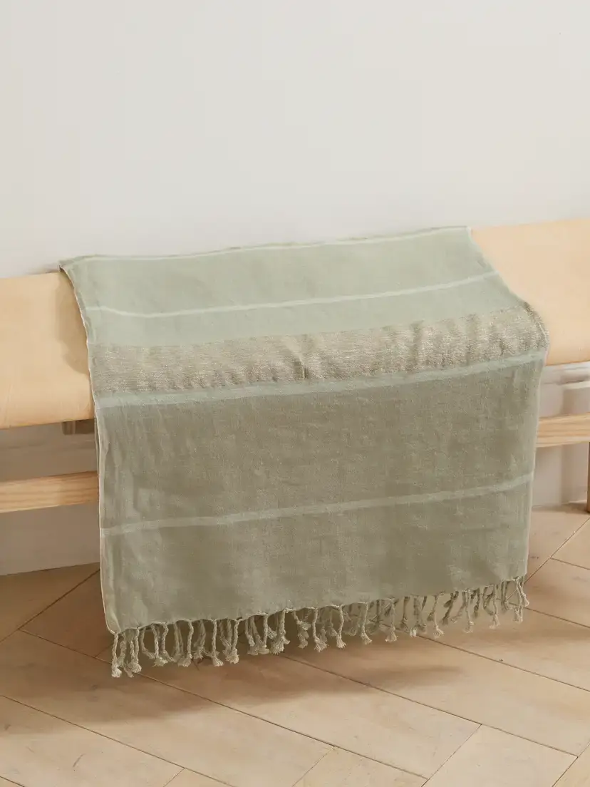 Brunello Cucinelli Fringed Striped Metallic Linen-blend Blanket | Thumbnail 2 Brunello Cucinelli Fringed Striped Metallic Linen-blend Blanket | Thumbnail 2