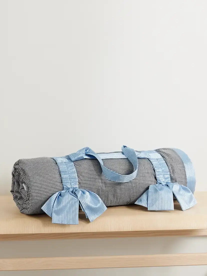 Gohar World Jacquard-trimmed Bow-embellished Gingham Cotton Picnic Blanket And Carrier | Image 1 Gohar World Jacquard-trimmed Bow-embellished Gingham Cotton Picnic Blanket And Carrier | Image 1